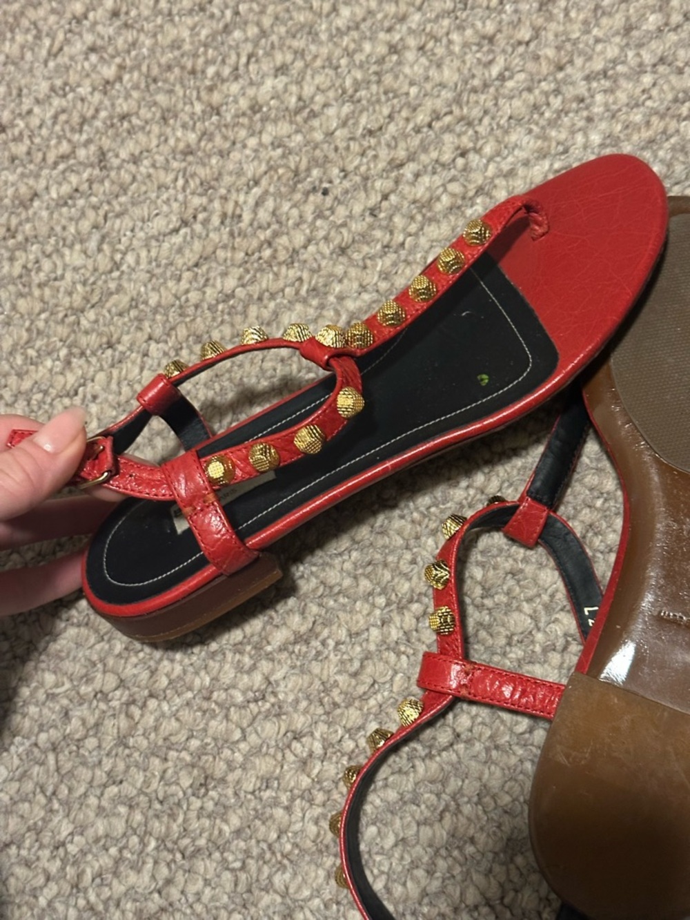 Balenciaga Red Leather Studded T-Strap Sandals with Gold Accents - Picture 5 of 5